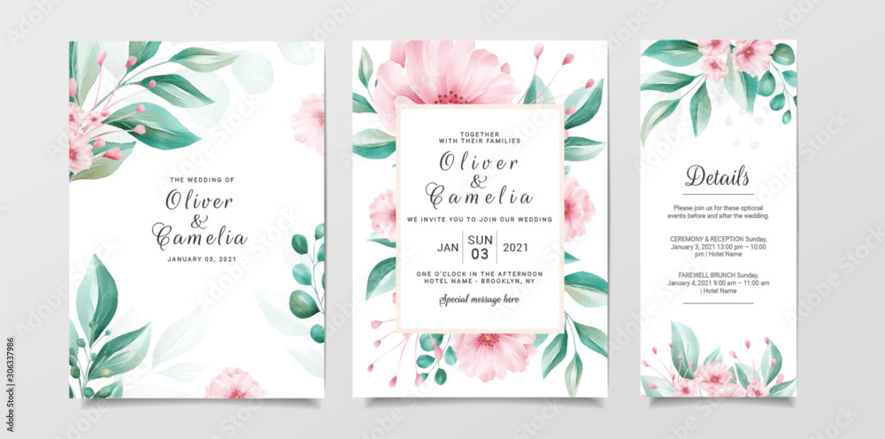 Romantic wedding invitation card template set with floral and watercolor background. Flowers and leaves botanic illustration for background, save the date, invitation, greeting card, etc