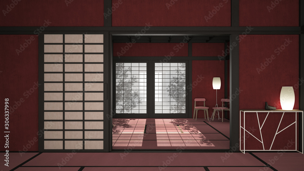 Empty open space, mats, tatami and futon floor, red plaster walls, wooden roof, chinese paper doors, chairs with lamps, lounge room, window with zen garden shadows, meditation room Empty open space, mats, tatami and futon floor, red plaster walls, wooden roof, chinese paper doors, chairs with lamps, lounge room, window with zen garden shadows, meditation room