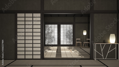 Empty open space  mats  tatami and futon floor  gray plaster walls  wooden roof  chinese paper doors  chairs with lamps  lounge room  window with zen garden shadows  meditation room