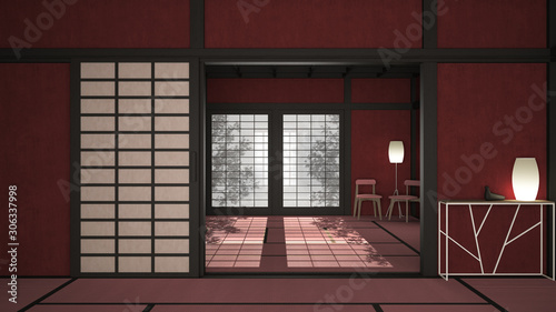 Empty open space  mats  tatami and futon floor  red plaster walls  wooden roof  chinese paper doors  chairs with lamps  lounge room  window with zen garden shadows  meditation room