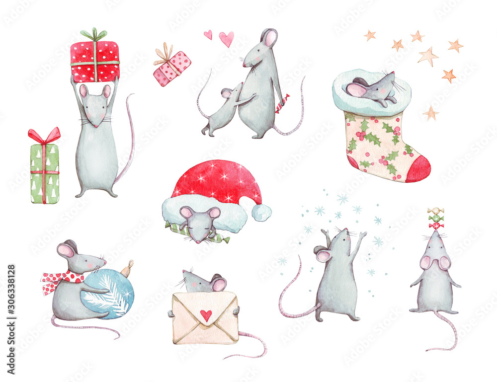 Cute set with New Year (Christmas) pretty mice (rats) with decorations, gift boxes, candies, christmas sock, snowflakes. Hand drawn watercolor illustration for winter design with new year 2020 symbol.