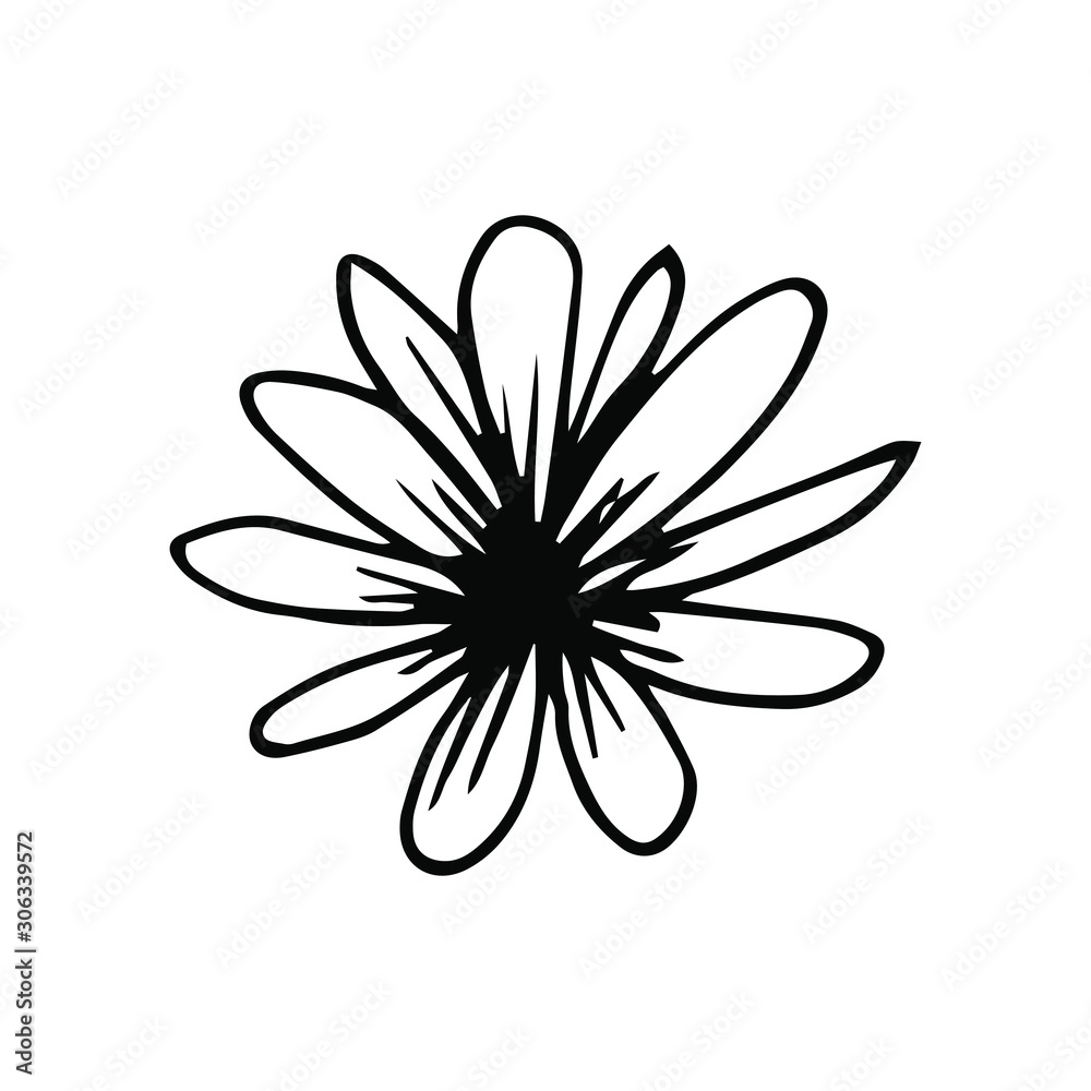 Hand drawn creative flower.  White background. Ink doodle illustration. Hand-drawn vintage, minimalistic black flower. Beautiful vector illustration.