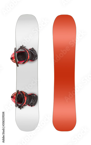 Front and back views of snowboard with bindings isolated on white background