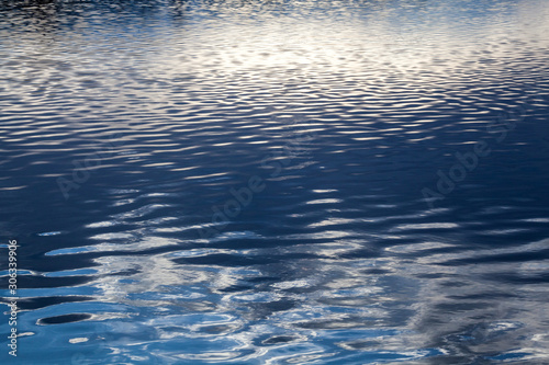 Water surface with sky and sun reflections.