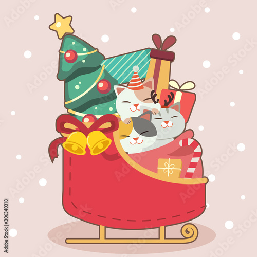The characteer of cute cat sitting in the sleigh. in the sleigh have a christmas tree and gift box and bell with the ribbon. The character of cute cat in flat vector style.