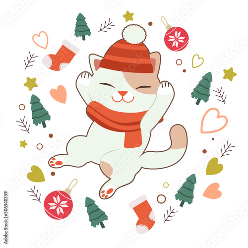The character of cute cat sleepping on the white background. The white background have a elemant christmas tree and ball and sock and star and heart. The character of cute cat in flat vector style.