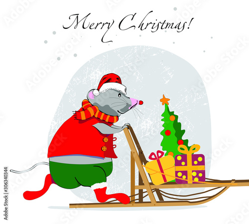 Merry Christmas mouse on a sleigh carrying gifts. Picture for design greeting cards or congratulations.