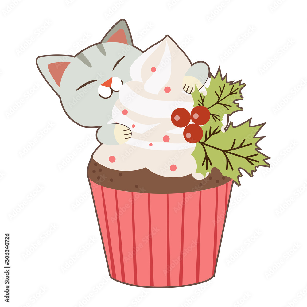Fototapeta The character of cute cat garp a big cupcake in christmas theme. The chocolate cupcake have a white cream and sugar and berry and holly leaf. The character of cute cat in flat vector style.