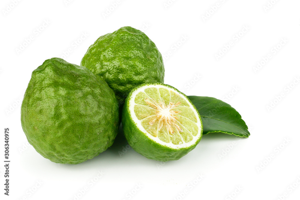 fresh bergamot fruit, Kaffir Lime, Citrus bergamia with leaf isolated on white background fresh bergamot fruit, Kaffir Lime, Citrus bergamia with leaf isolated on white background