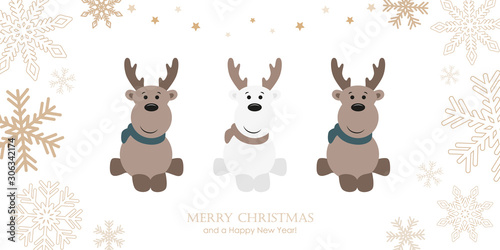 christmas greeting card with cute deer and snowflakes vector illustration EPS10