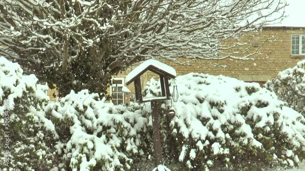 Reverse zoom shot of a picturesque and peaceful scene of snow falling in and around a suburban garden in an old village in Lincolnshire, England, UK. Reverse zoom shot of a picturesque and peaceful scene of snow falling in and around a suburban garden in an old village in Lincolnshire, England, UK.