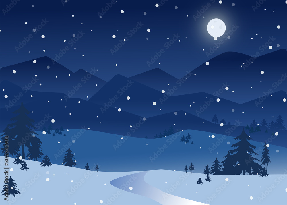 Cozy snowy night scene. Beatiful winter background.  Moonlit landscape.