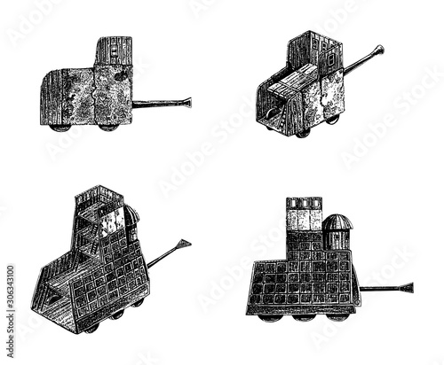 Battering ram illustration. Model of an antique warmachine. photo