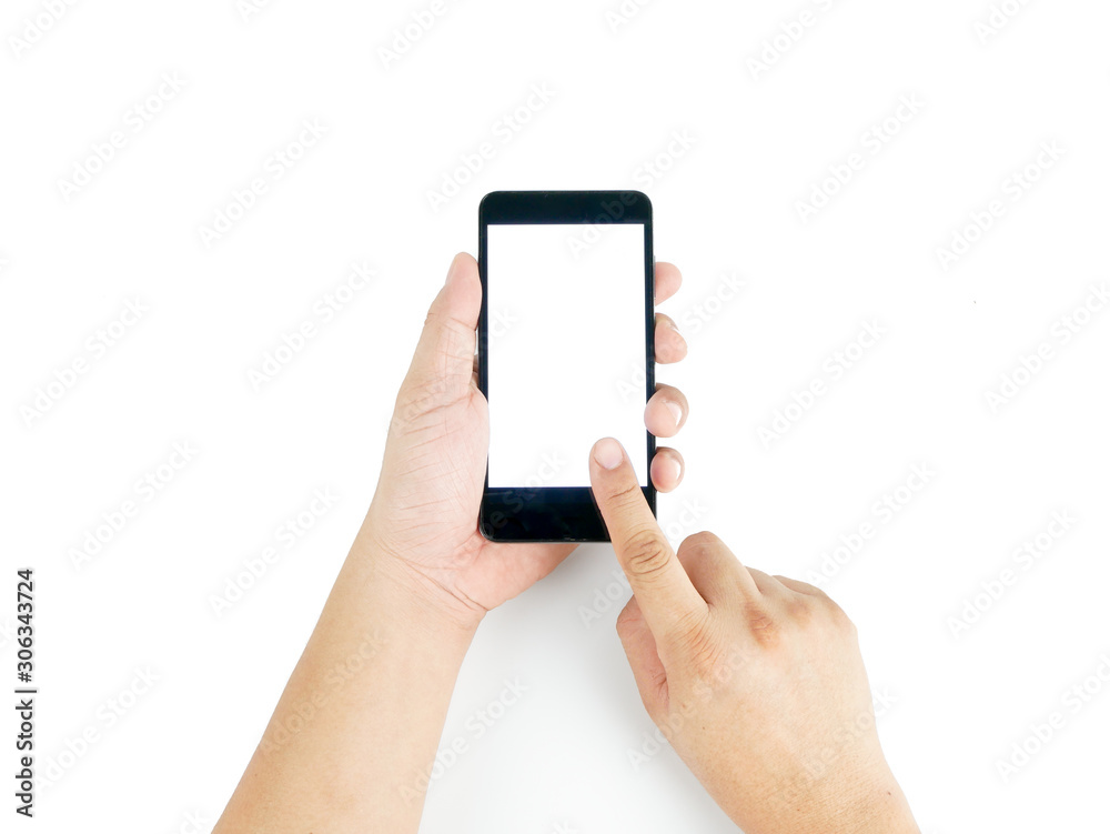 Man asian hand holding vertical the black smartphone with blank screen for text, isolated on white background.
