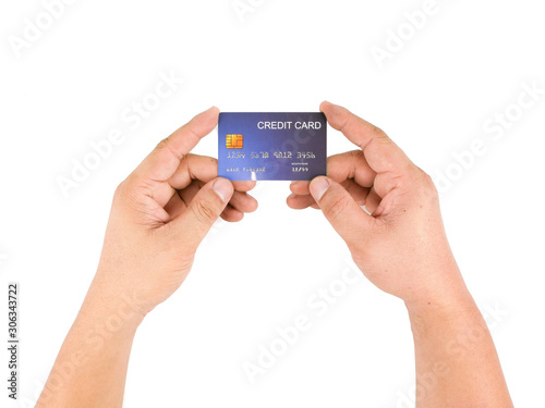 Asian Man hand holding credit card for payment, isolated on white background, concept business, shopping, currency and finance