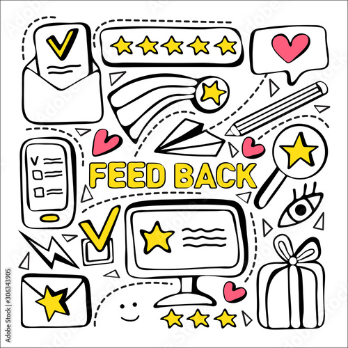 Customer feedback, positive review. Client puts a high rating in application. Online service evaluation. Hand drawn doodle modern set: phone, rank, rating scale stars, paper plane, gift box.