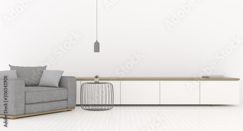 View of minimal living room with empty wall and sofa. White interior with TV cabinet  3d rendering. 