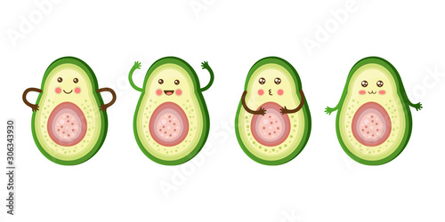 Set funny happy smiling avocado. Vector flat. Isolated on white background. The concept of a healthy lifestyle. Cute exotic fruit. Kawaii cartoon character.