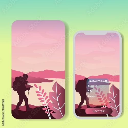 Vector banners set with polygonal landscape illustration. For Mobile aps, banner, horizontal header website, printed materials. Image Picture Background