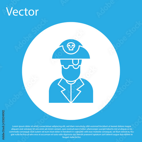 Blue Pirate captain icon isolated on blue background. White circle button. Vector Illustration