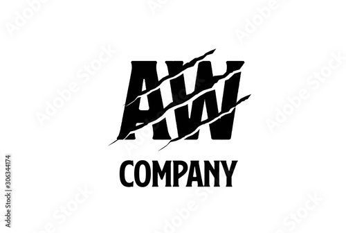 Black AW letter template logo design with scratch effect