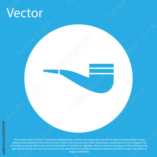 Blue Smoking pipe with smoke icon isolated on blue background. Tobacco pipe. White circle button. Vector Illustration