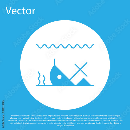 Blue Sunken ship at the bottom of the sea icon isolated on blue background. White circle button. Vector Illustration