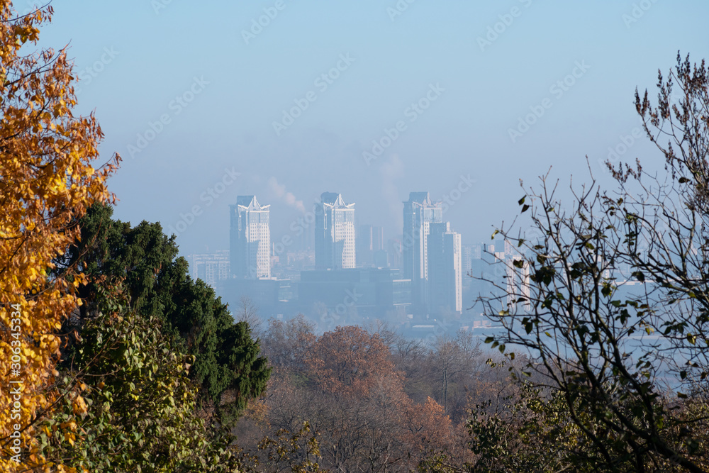 View from the autumn park to the city in the fog