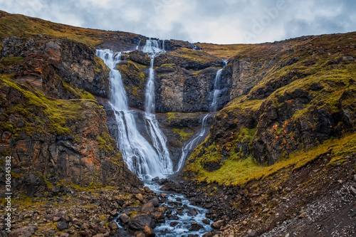 Rjukandi waterfall  Iceland. September 2019. cloudy day.