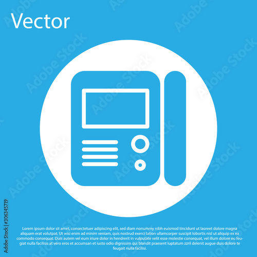 Blue House intercom system icon isolated on blue background. White circle button. Vector Illustration