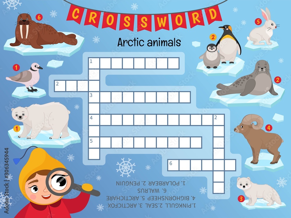 Educational game for kids. Crossword Arctic animals. Kids activity