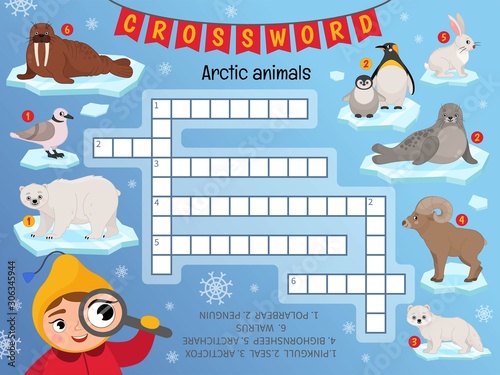 Educational game for kids. Crossword Arctic animals. Kids activity sheet, 