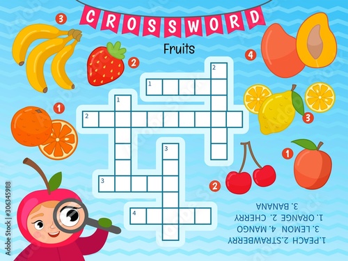 Educational game for kids. Crossword Fruits. Kids activity sheet, 