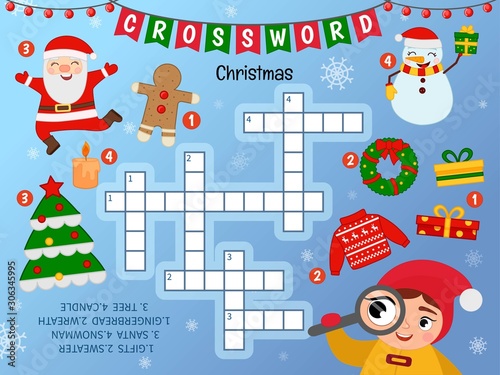 Educational game for kids. Crossword Christmas. Kids activity sheet  