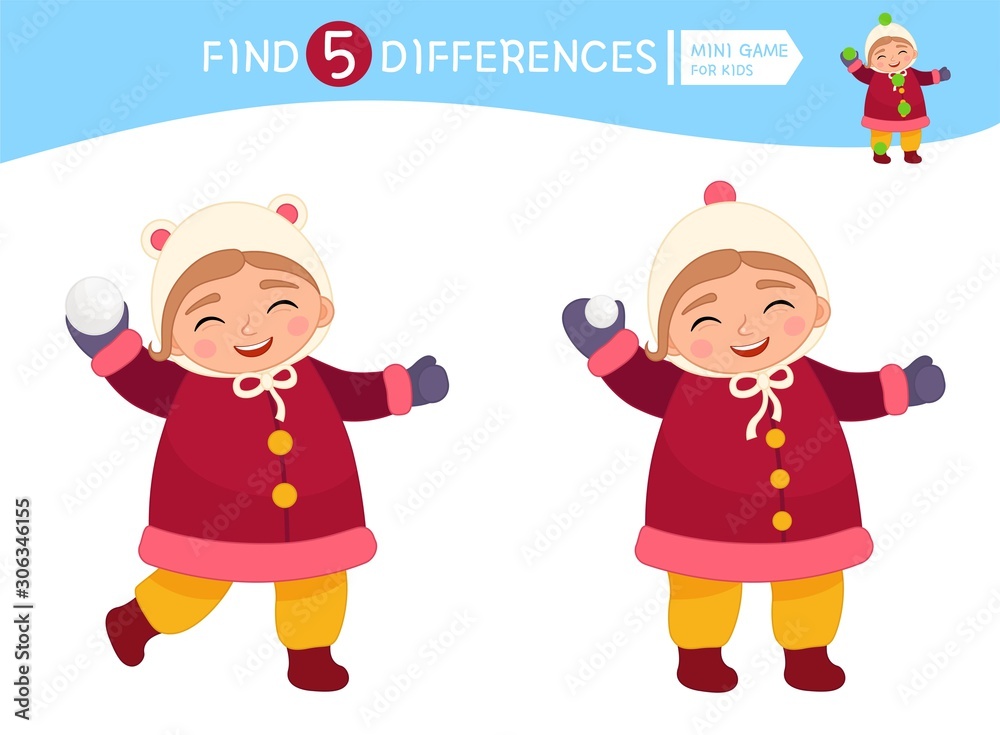 Find differences. Educational game for children. Cartoon vector illustration of child plays snowballs. Find differences. Educational game for children. Cartoon vector illustration of child plays snowballs.