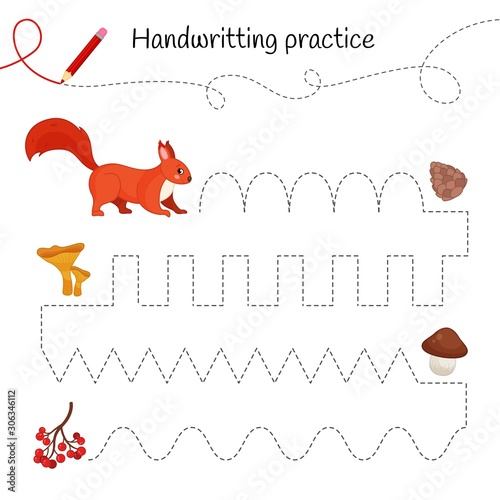 Handwriting practice sheet. Basic writing. Educational game for children. Cartoon cute squirrel.