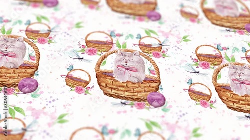 Abstract background with hand drawn watercolor cats and flowers. Seamless looping 4K footage.	