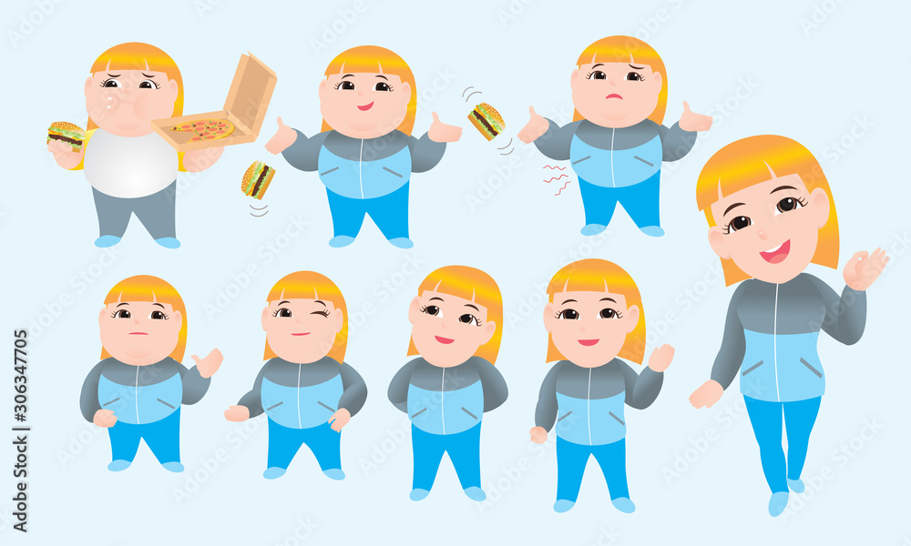 Step to cute slim woman success about good health by exercise. slim shape progress. vector illustration isolated cartoon Step to cute slim woman success about good health by exercise. slim shape progress. vector illustration isolated cartoon