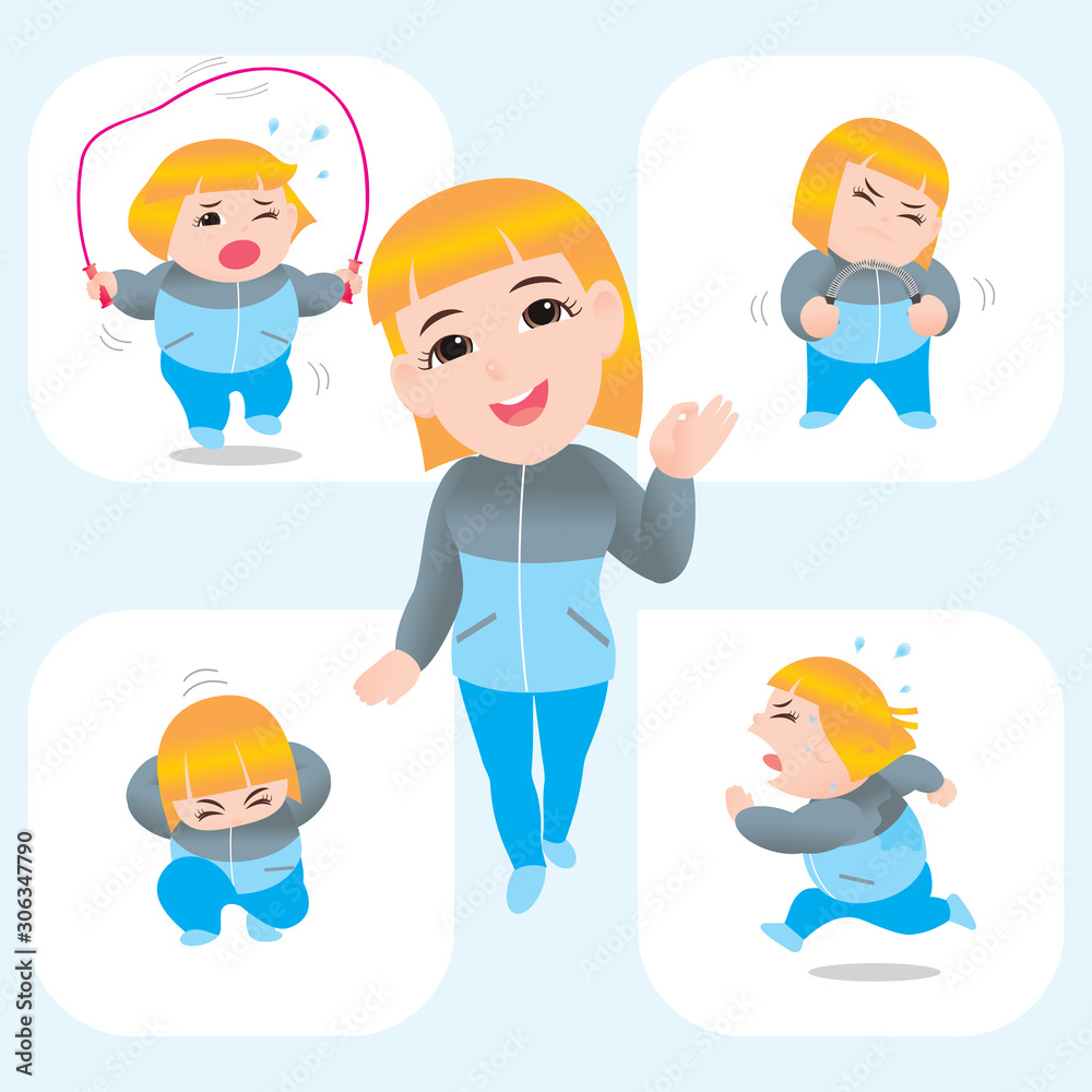 Cute slim woman success about good health by exercise. slim shape progress. vector illustration isolated cartoon