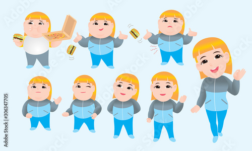 Step to cute slim woman success about good health by exercise. slim shape progress. vector illustration isolated cartoon