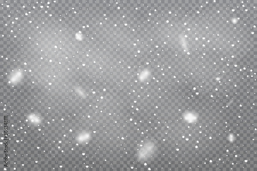 Realistic falling snow on transparent background. Vector illustration.