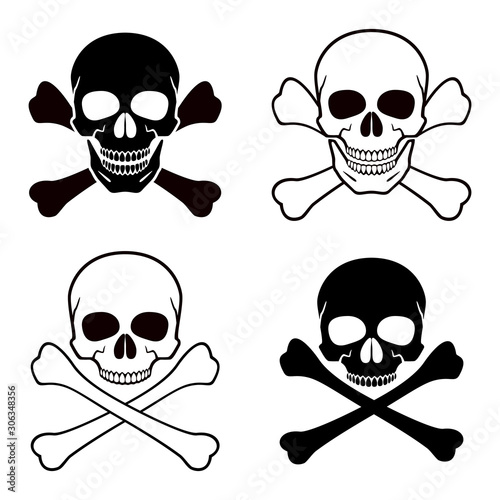 Human skull, crossbones. Symbol of danger. Abstract concept, icon set. Vector illustration on white background.