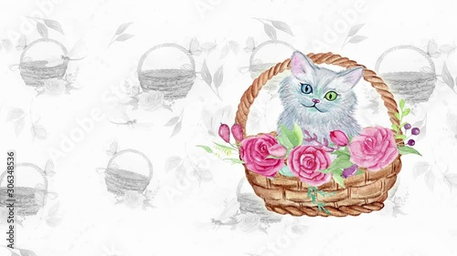 Abstract background with hand drawn watercolor cats and flowers. Seamless looping 4K footage.	