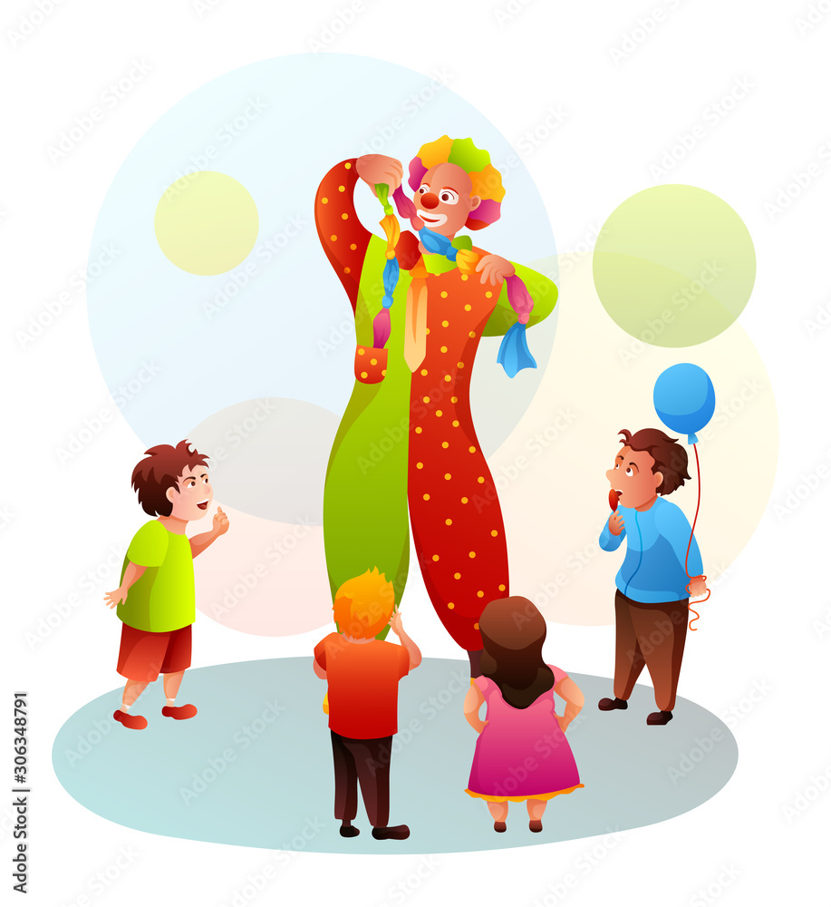 Cartoon clown with colorful hair shows magic trick Stock Vector | Adobe  Stock