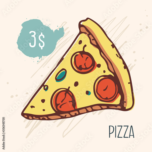 Pizza with a tomatos and cheese. Illustration in retro style.