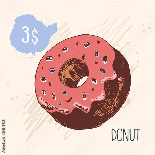 Donut with a glaze and caramel. Illustration in retro style.