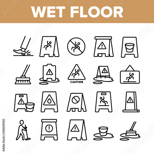 Wet Floor Collection Elements Icons Set Vector Thin Line. Leg Slips On Wet Floor, Human Silhouette Janitor Cleaning And Caution Mark Concept Linear Pictograms. Monochrome Contour Illustrations
