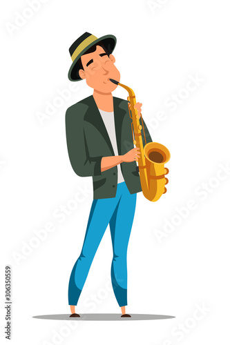 Male jazz saxophonist character isolated on white