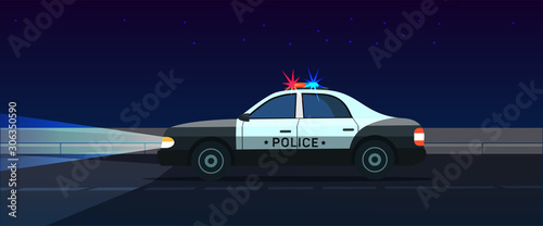 Police car on night road under dark starry sky