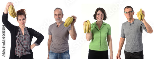 group of people with banana on white background photo